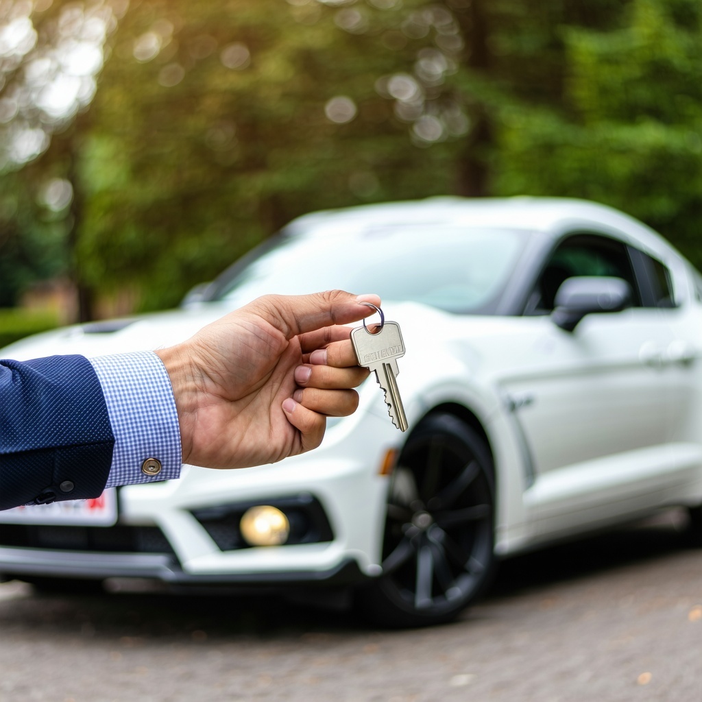 keys being passed to a new owner in front of a classic vehicle keys being passed to a new owner in front of a classic vehicle